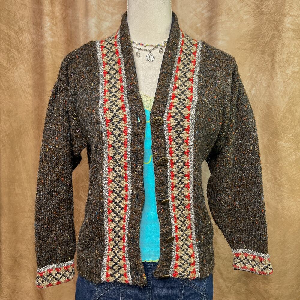Vintage 90s Fair Isles Cardigan Sweater Knit Button Up Striped Nordic Western